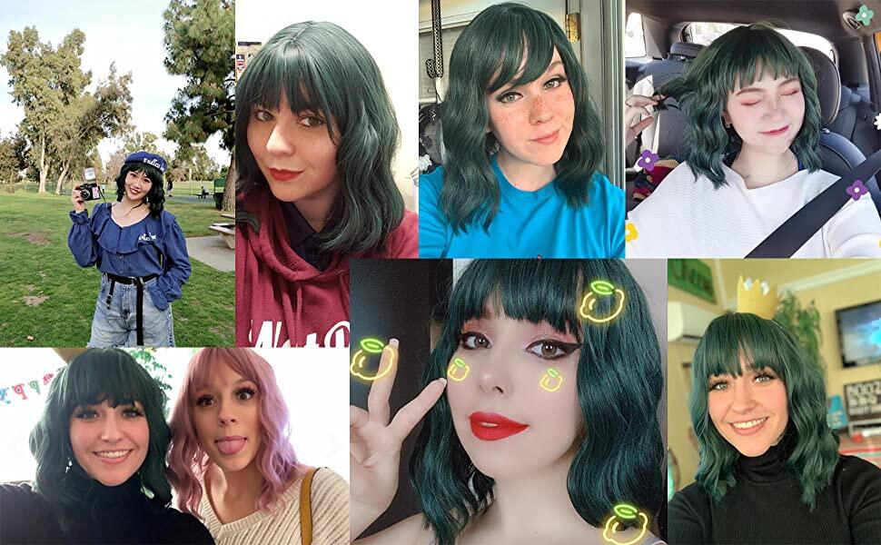 Esmee Short Wave Green Bob Wigs With Fringe 