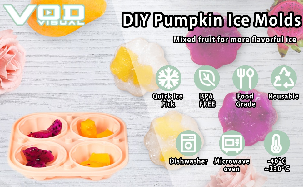Pumpkin Ice Cube Tray with Lid 2 Pack, Silicone Ice Cube Maker 2.2 Inch 3D Pumpkin