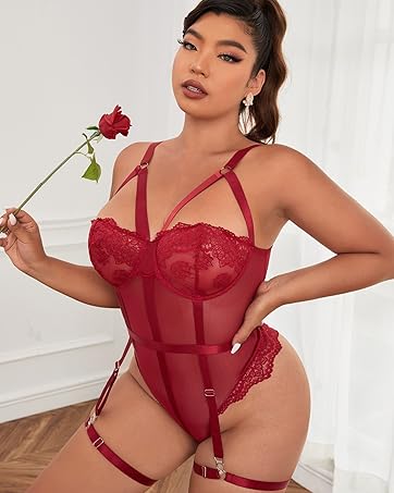 Women Plus Size Ring Linked Cut Out Sheer Mesh Teddy Bodysuit Garter Lingerie Set
