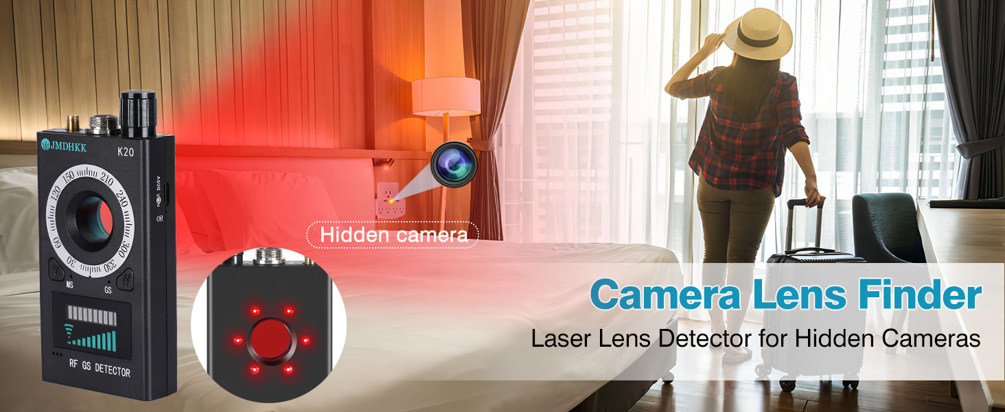 Text reads 'Camera Laser Line Finder Laser Line Director for Hidden Camera'. Product image showing black electronic device with red illumination effect.