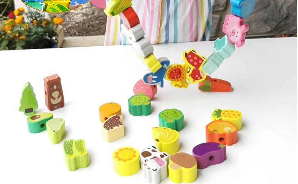 Errum 42 Pieces Toddler Threading Toy Wooden Educational String Lacing