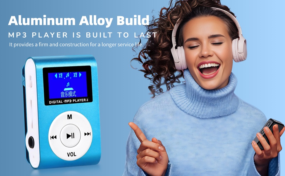 Text reads 'Aluminum Alloy Build' and 'MP3 PLAYER IS BUILT TO LAST'. Compact blue MP3 player with LCD screen and control buttons shown.