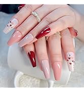 24 Pcs Press on Nails Coffin Medium Fake Nails Pink False Nails with Spun Gold Heart Designs Red ...