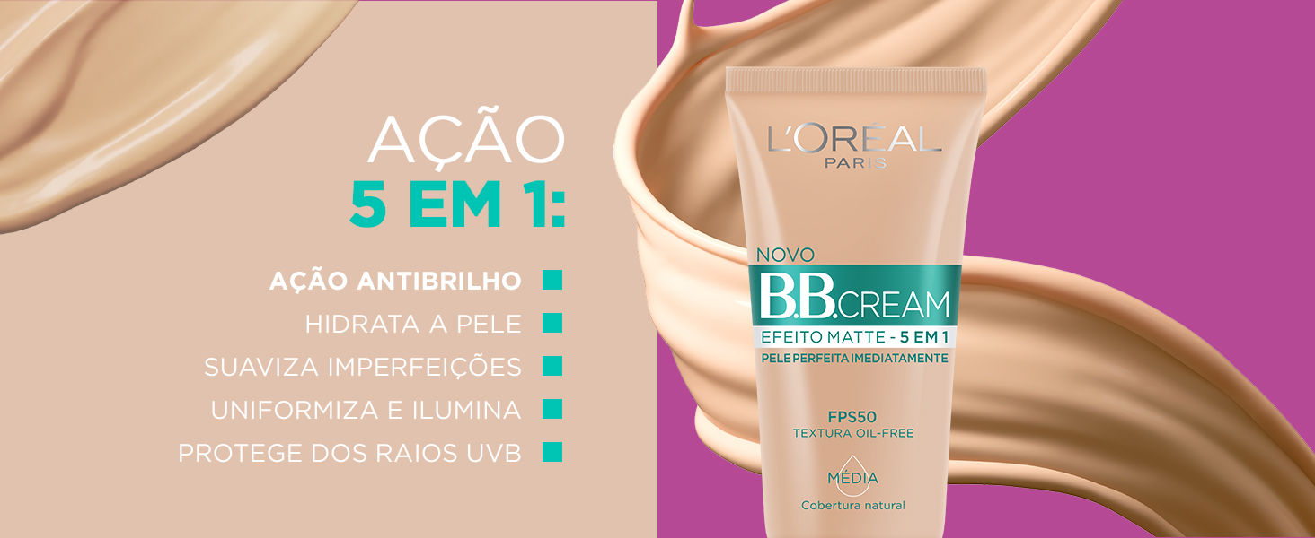 BB Cream Efeito Matte e frase "Ação 5 em 1" com seus benefícios em destaque - vide descrição