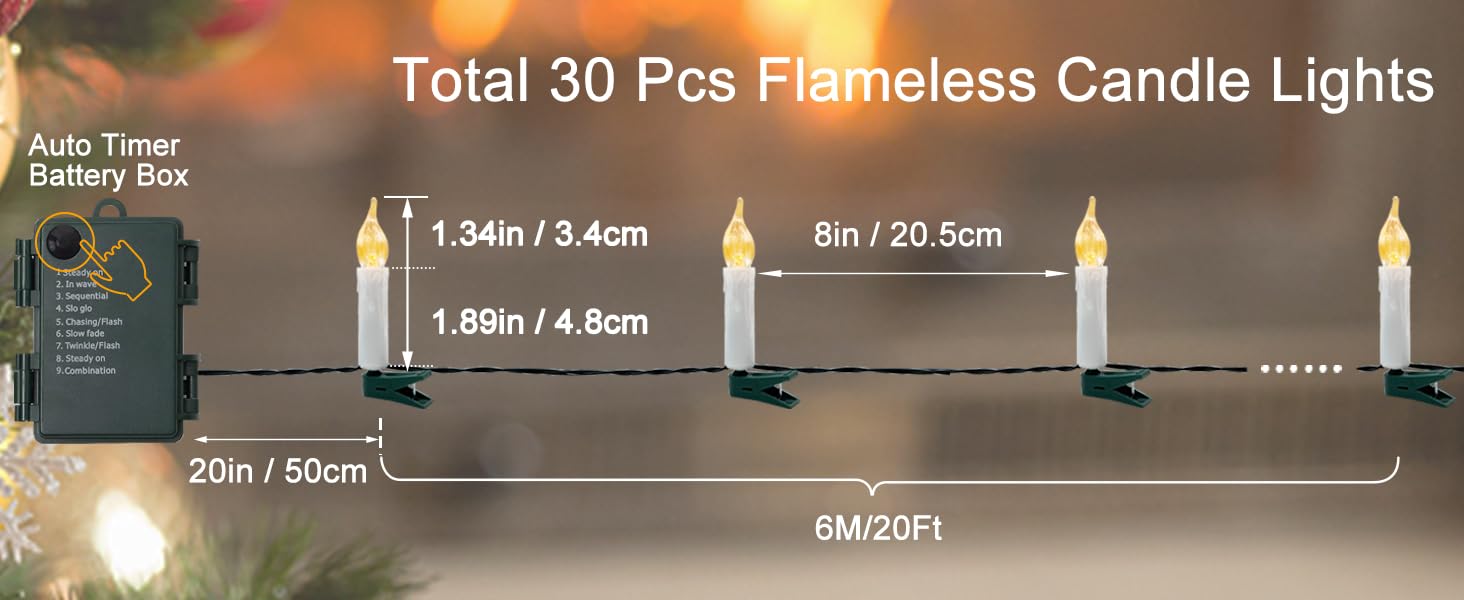 Christmas Candle String Lights Battery Operated, Auto Timer