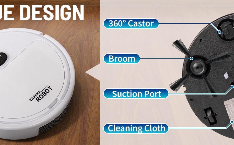 Text reads 'UNIQUE DESIGN', '360° Castor', 'Broom', 'Suction Port', 'Cleaning Cloth'. Product images showing white circular robotic device from multiple angles with labeled features.