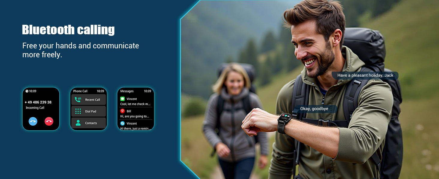 Text reads 'Bluetooth calling'. Interface mockups showing incoming call screens and connectivity features on dark background.