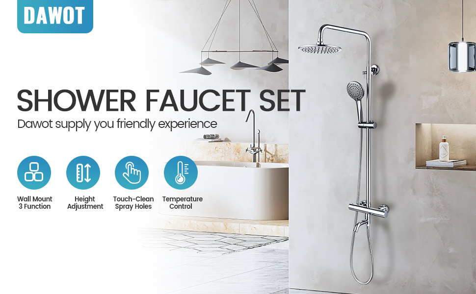 Dawot Shower Faucet Set 8" Round Rain Shower Head with Handheld Spray 3