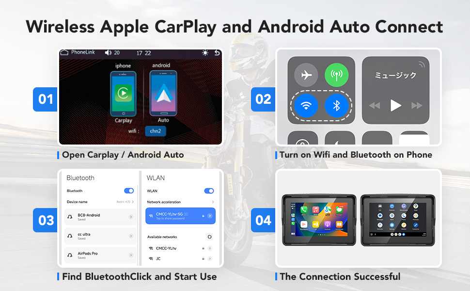 YZW Motorcycle GPS Carplay Screen, Wireless CarPlay & Android Auto Car Stereo for Motorbike 2