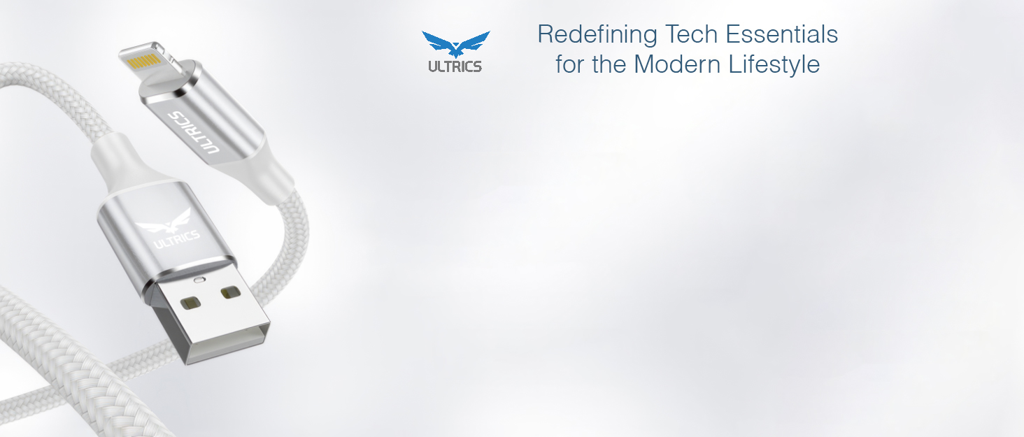 White braided USB cable with reversible connector. Features metallic ends and a USB-A plug. Lums logo and slogan 'Redefining Tech Essentials for the Modern Lifestyle' visible.