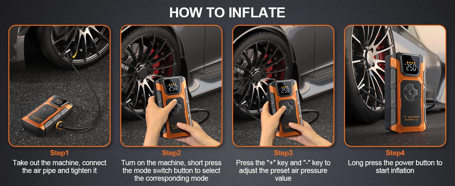 Instructional diagram showing steps to inflate tires using a handheld digital tire inflator. Device features an orange and black design with LED display for pressure readings.
