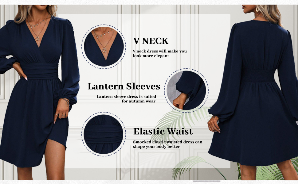 con diseño de cuello en V, mangas tipo farol y cintura elástica. Los detalles del producto se muestran en rótulos circulares que destacan las características clave