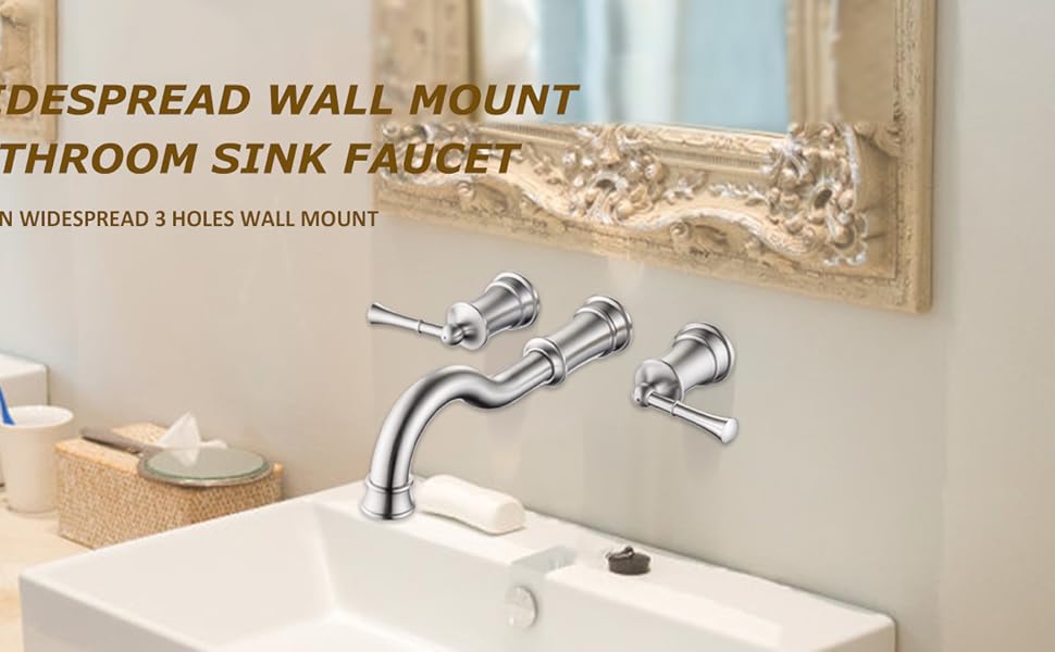 WINKEAR Wall Mount Bathroom Sink Faucet 3 Hole Brushed