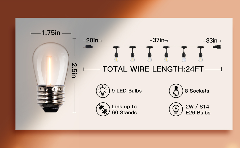 addlon LED Outdoor String Lights 48FT with 2W Dimmable Edison Vintage