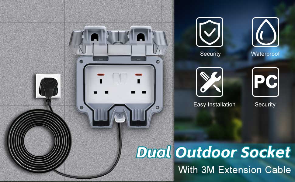 Outdoor Socket Waterproof 3M Extension Lead,Double Socket with 3M