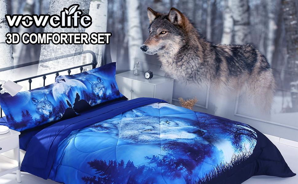 Wowelife Wolf Comforter Sets for Boys and Girls Twin, Premium 3D Blue Bedding Set