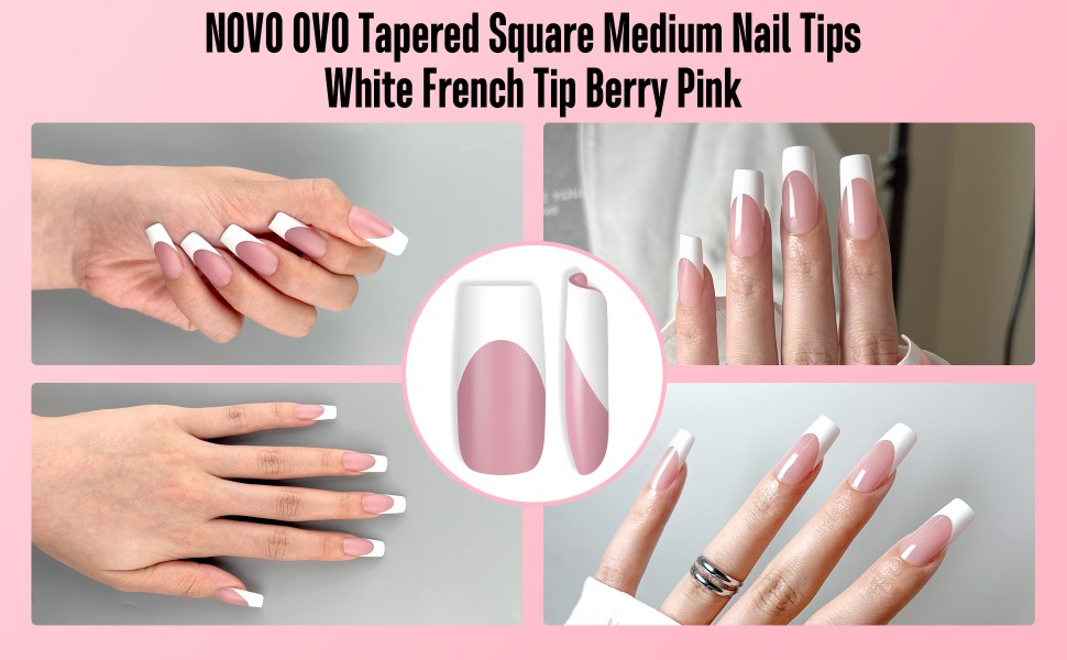 NOVO OVO Tapered square medium nail tips white french tip berry pink