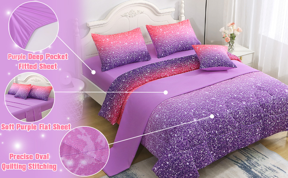 Keyroal 6Pcs Glitter Comforter Set with Sheets for Teens Girls Kids