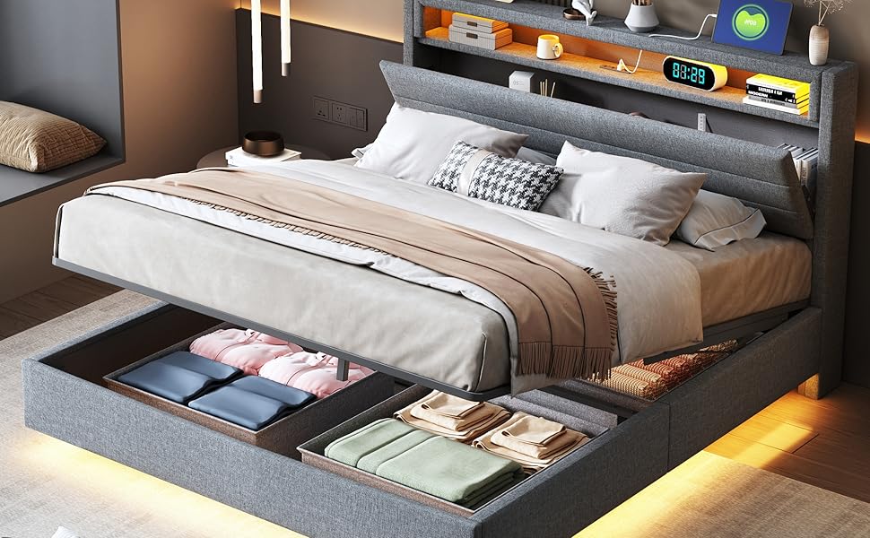 Upholstered bed 140 x 200 cm, double bed functional bed with USB socket and LED lighting