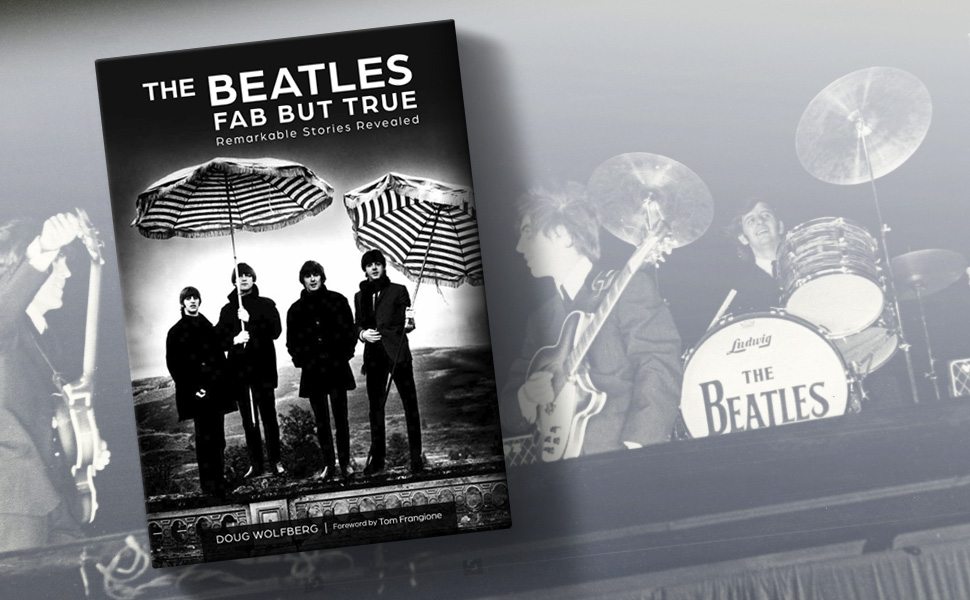 black and white cover with image of the beatles standing in black raincoats with 2 striped umbrellas