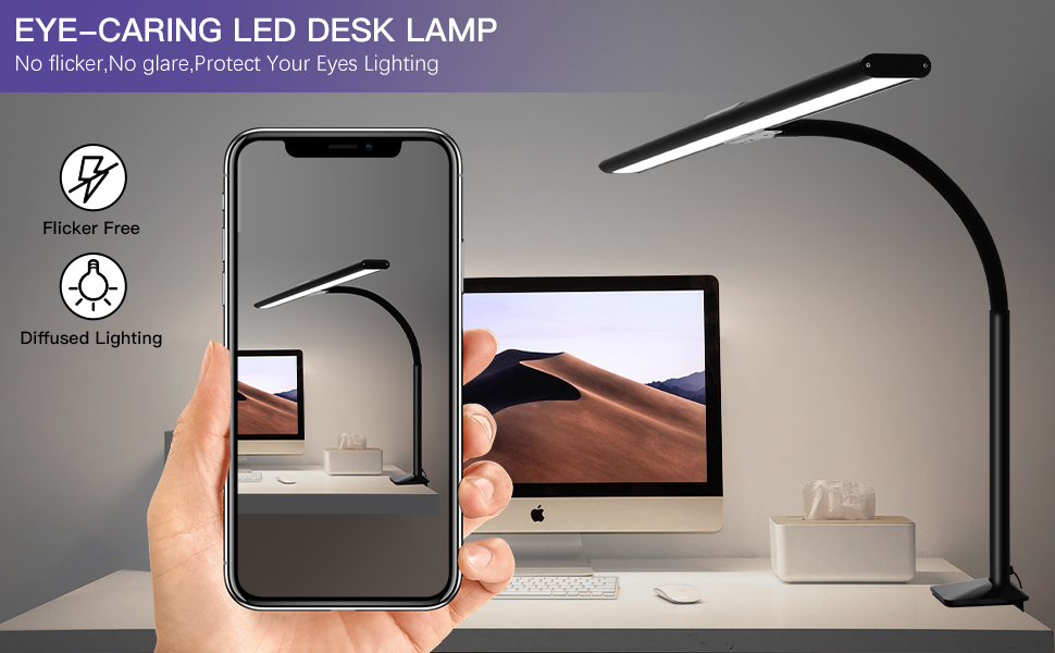 MACASA LED Black Desk Lamp for Home Office 24W Flexible Gooseneck Monitor Light Bar with Ultra