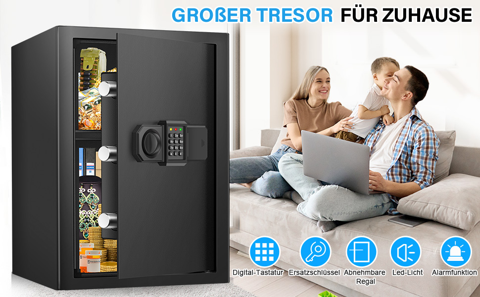 Large black digital home safe with electronic keypad, shown with opened door revealing shelved interior storage space.