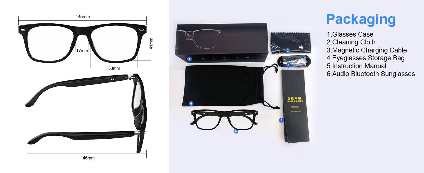Size & Packaging of bluetooth smart glasses for men & women, AI smart glasses