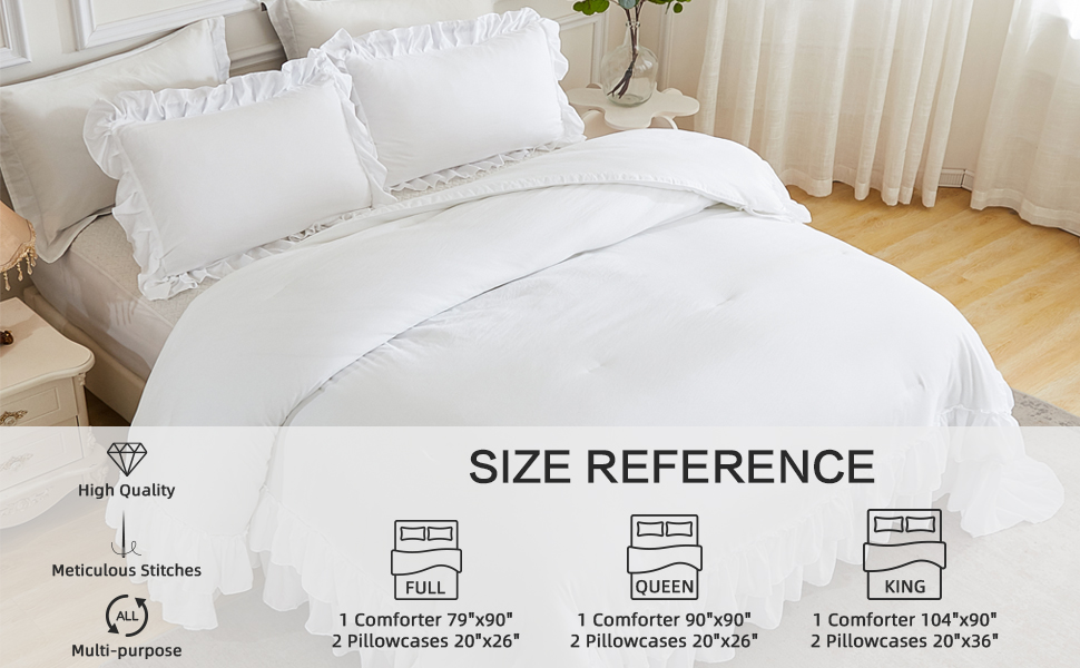 Andency White Ruffle Comforter Full Set, 3pcs Vintage