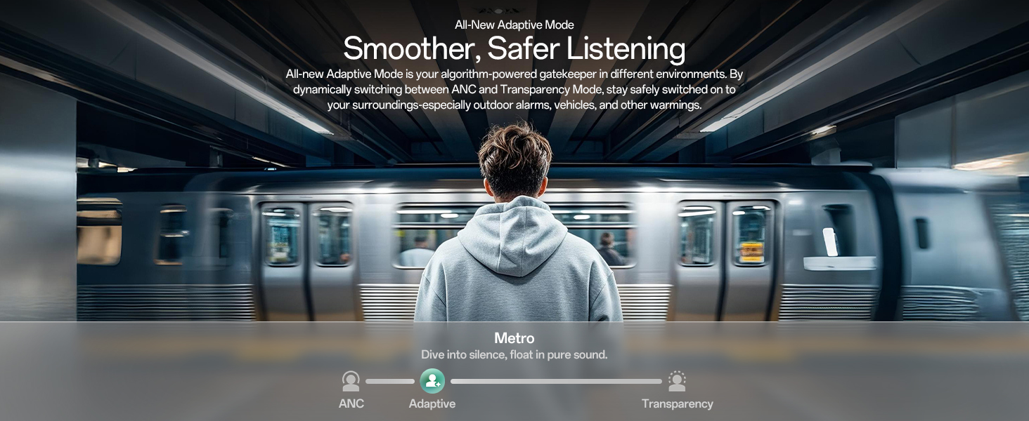 Text reads 'Smoother, Safer Listening'. Images showing subway station environment with people wearing audio devices, featuring technical diagrams about audio processing.