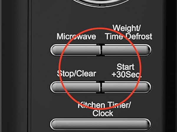 The settings on a small countertop microwave. Text reads: Quick-set buttons. 
