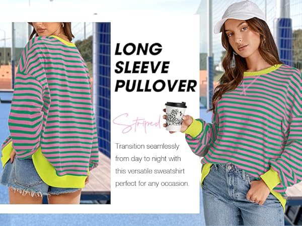 トップス FCRB Sweat Oversized crewneck top XL Fisoew Womens Striped Oversized Sweatshirt Color Block Crew