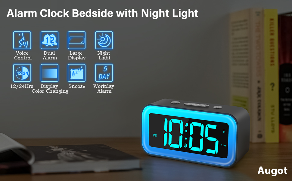 Augot Alarm Clock Bedside with Night Light, Digital Alarm Clock for Kids LED Display Dual Alarm