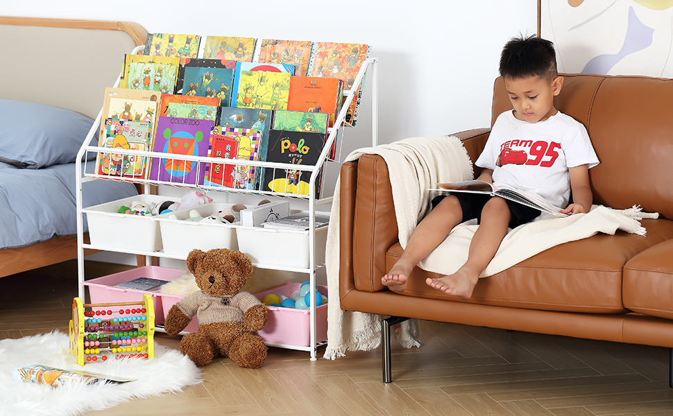 Large Kids Bookshelf With 6 Storage Box,5 Tier Metal Kids