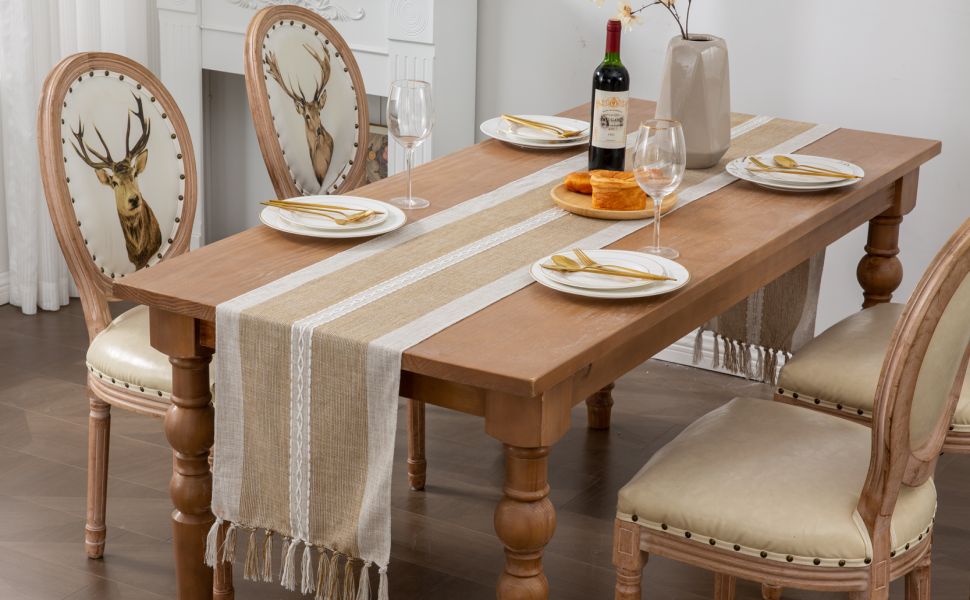 Vgunama Boho Table Runner, Rustic Farmhouse Style Linen Table Runners for Wedding
