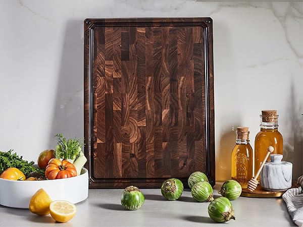 Walnut end grain constructed board, durable, highly desired for its 'self-healing' properties.