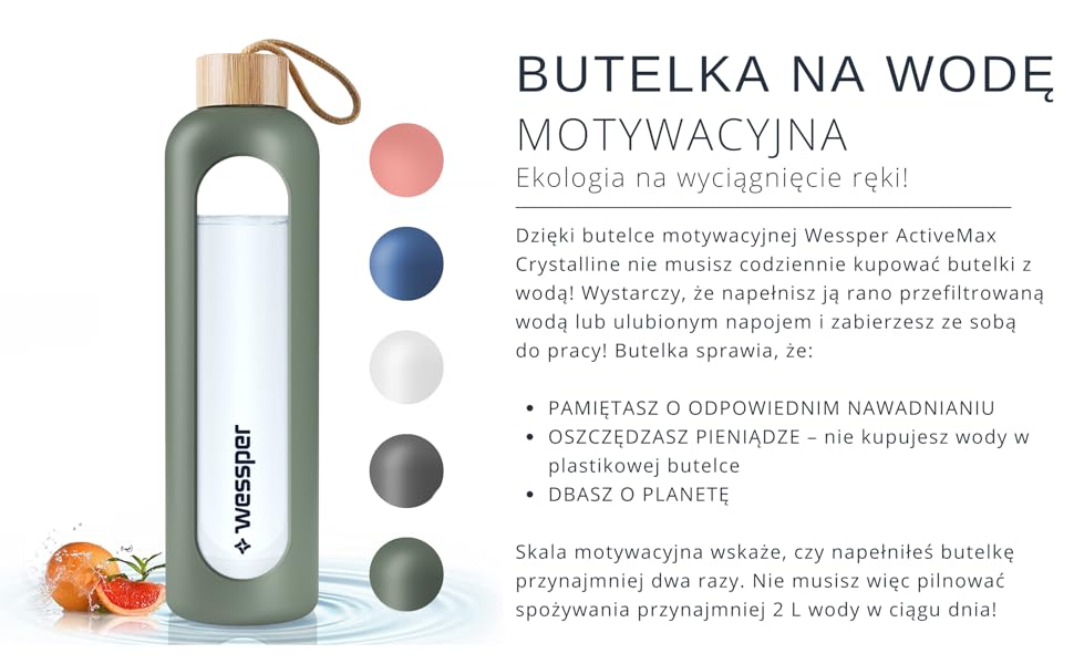 Woda W Calosci Wypelniajaca Litrowa Szklana Butelka Wessper Szklana Butelka na Wodę z Silikonowym Etui, Butelka na Wodę