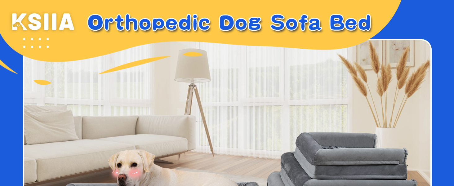 KSIIA orthopedic dog sofa bed shown in gray color, positioned in a bright living room setting.