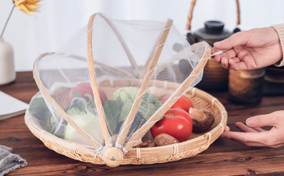 3Pcs Food Serving Tent Basket Covered Round Bamboo Food