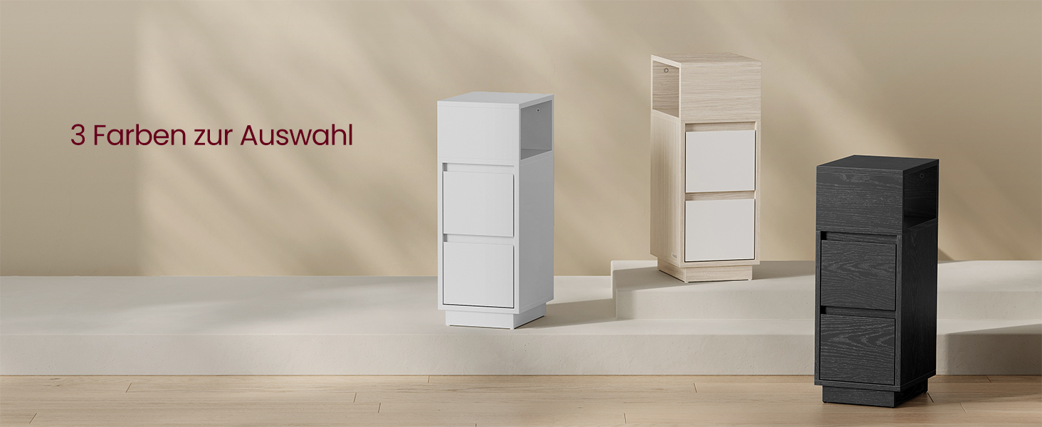 Tri modulárne úložné jednotky v rôznych farbách: biela a tmavosivá, zobrazené na béžovom pozadí. Nemecký text označuje farebné možnosti.
