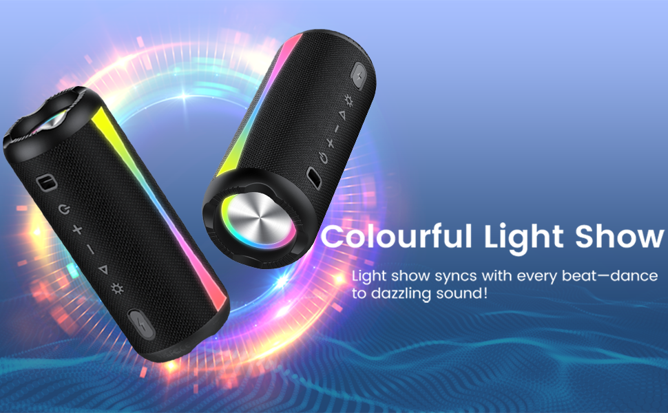 LED light device displaying colorful illumination effects, with blue and purple hues against a dark background.