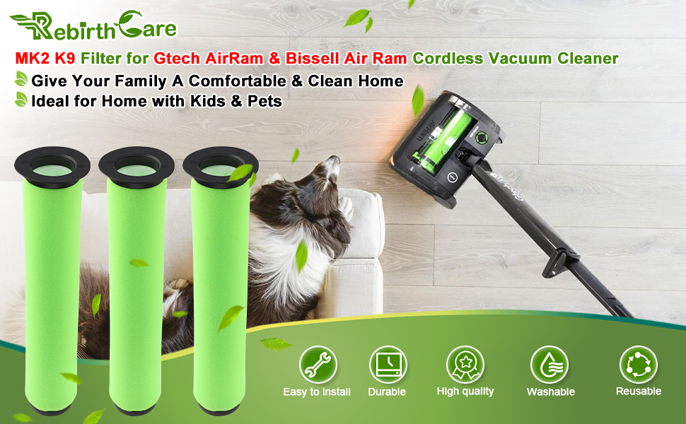 Rebirthcare 3 filters for gtech airram mk2 & air ram mk2 k9, for