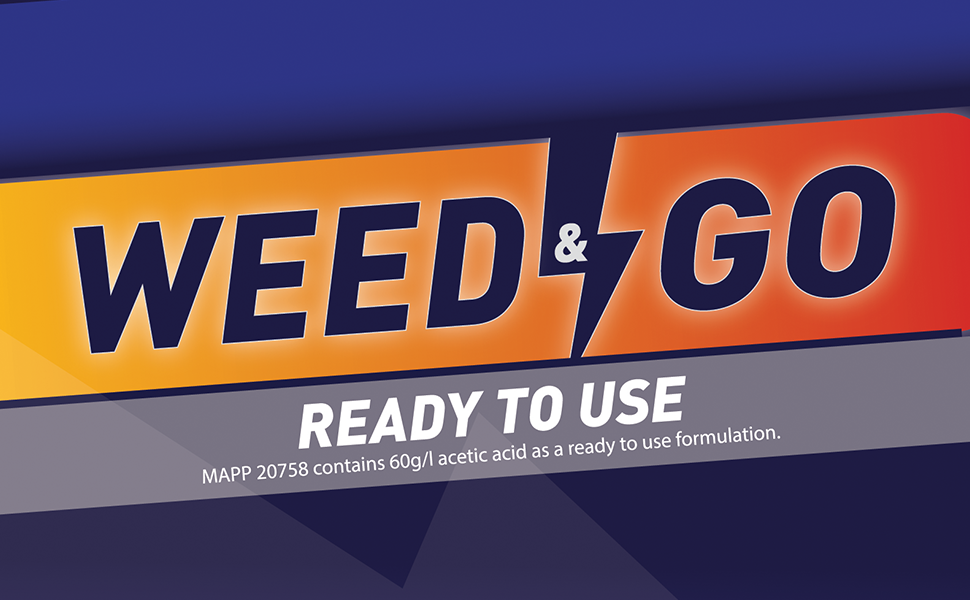 Product label for 'WEED & GO' in bold text on orange and blue background. Subtitle reads 'READY TO USE'. Small print mentions acetic acid content.