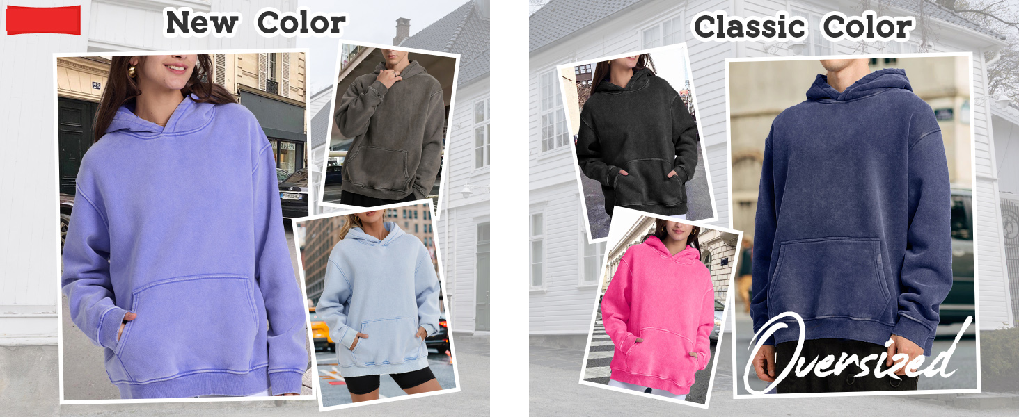 Comparaison de sweat-shirts à capuche surdimensionnés dans des couleurs nouvelles et classiques, avec des options violet, gris, bleu clair, noir et