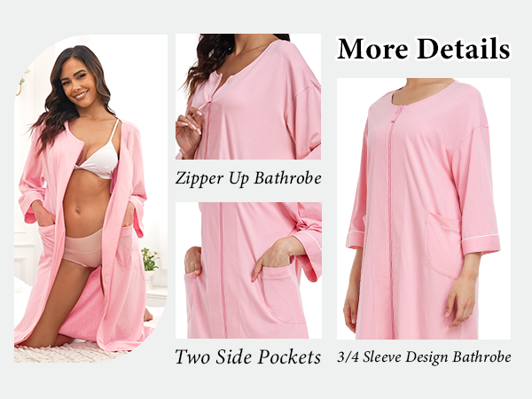 COLORFULLEAF 100% Cotton Zipper Robes for Women 3/4 Sleeve