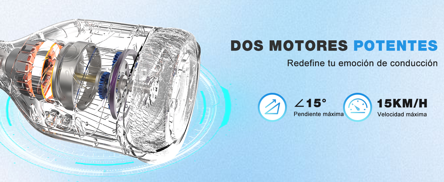 El texto dice «DOS MOTORES POTENTES» con un diagrama técnico que muestra las especificaciones del motor o del motor con detalles en azul.