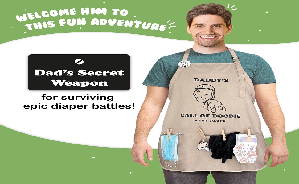 daddy to be with a funny apron with new adventure tools