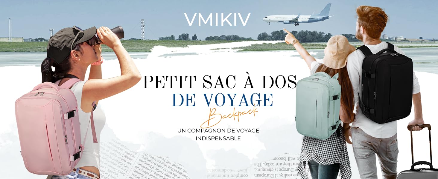 Le texte indique « VMIKIV » et « PETIT SAC À DOS DE VOYAGE ». Publicité montrant une scène de sac à dos de voyage à l'aéroport avec des avions visibles en arrière-plan.