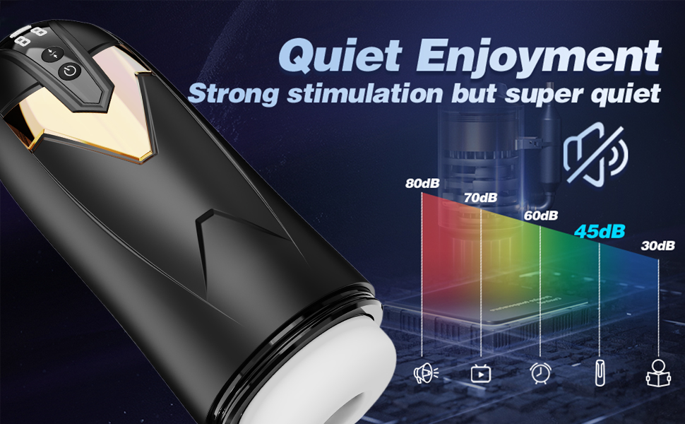 Black handheld device with gold accents, featuring 'Quiet Enjoyment' text and a graph showing noise levels from 90dB to 35dB, emphasizing strong stimulation but low noise.