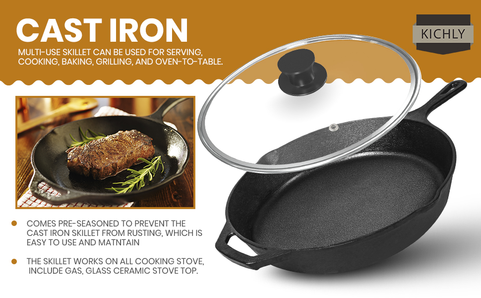 KICHLY PreSeasoned Cast Iron Skillet Frying Pan with Lid Safe