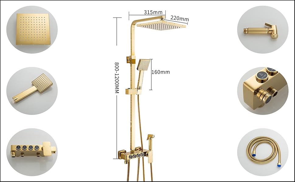 Colonna Doccia D'oro Sistema Doccia Montaggio A Parete Set Doccia Con 22 Cm * 22 Cm Soffione Doccia A Pioggia, Doccetta, Rubinetto Vasca, Doccetta Bidet 16 ESOP Colonna Doccia